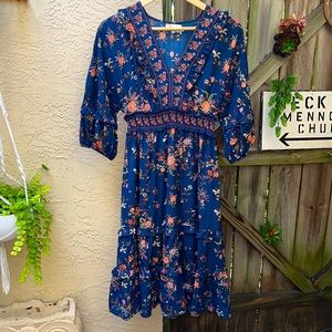 Floral, Mid-Calf, 3/4 sleeves blue dress with orange & pink hued flowers 🌺